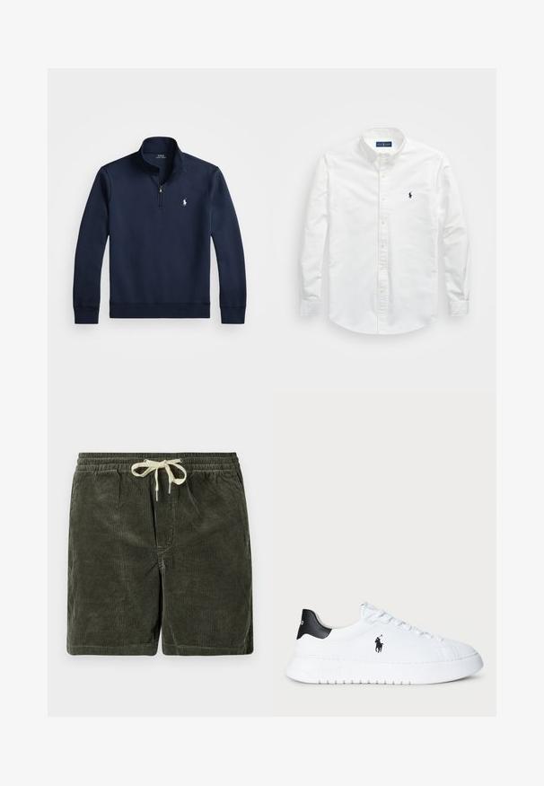 Marineblå genser med kvart glidelås, laget av et glatt stoff. Har en liten hvit logo på brystet og ribbede mansjetter.; Hvit skjorte med knapper laget av bomull. Har spiss krage, lange ermer og en liten marineblå logo på brystet. Glatt tekstur.; Mørkegrønne corduroy-shorts med en snor i taljen. Har lodret ribbet tekstur og metalltips på snorsluttene.; Hvit lavt beskåret sneaker med svart hælflik og svart Polo Ralph Lauren-logo på siden, med hvite lisser og tykk gummisåle.