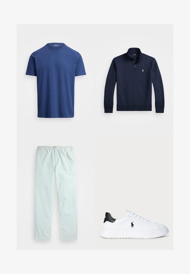 Suéter azul marinho com um fecho de zíper até um quarto, feito de um tecido suave. Apresenta um pequeno logótipo branco no peito e punhos canelados.; T-shirt de manga curta com decote redondo em azul-escuro, feito de tecido suave, com um corte regular e detalhes de costura mínimos.; Calças azul claro, de corte descontraído, com um cós elástico, apresentando bolsos laterais e um fecho de botão único na frente.; Sapatilhas brancas de cano baixo com tabuleiro de calcanhar preto e logótipo da Polo Ralph Lauren em preto na lateral, apresentando atacadores brancos e sola de borracha grossa.