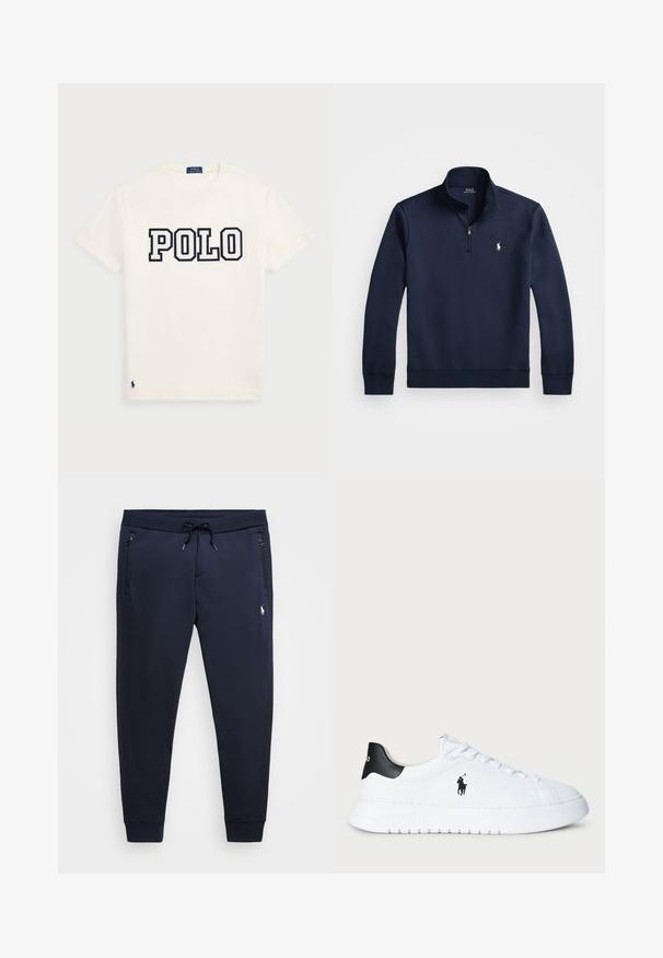 Marineblå genser med kvart glidelås, laget av et glatt stoff. Har en liten hvit logo på brystet og ribbede mansjetter.; Hvit bomull T-skjorte med "POLO" i store marineblå bokstaver over brystet, med en liten marineblå logo på kanten. Klassisk rund hals design.; Marine joggebukser laget av myk bomullsmiks, med justerbar midje, glidelåslommer og en liten logo på venstre lår.; Hvit lavt beskåret sneaker med svart hælflik og svart Polo Ralph Lauren-logo på siden, med hvite lisser og tykk gummisåle.