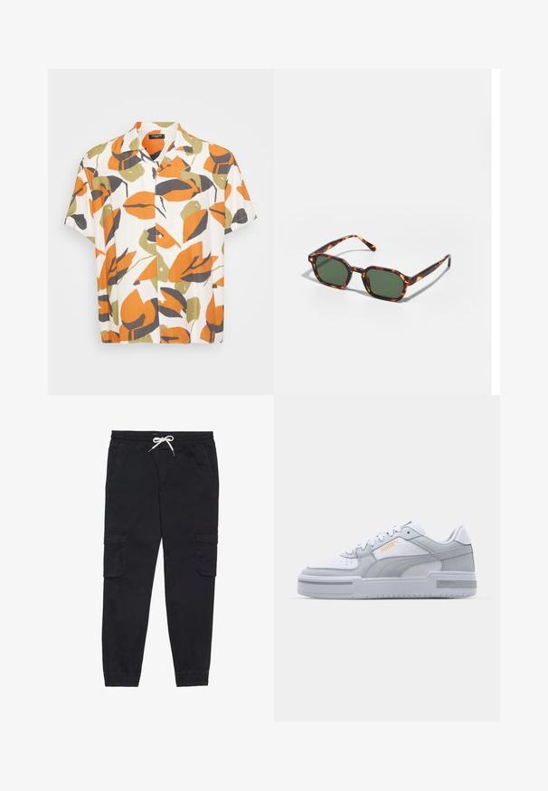 Felpa beige con cappuccio caratterizzata da una grande grafica sul retro con disegni di farfalle blu e viola e testo stilizzato. Cappuccio regolabile e polsini a coste.; Camicia a maniche corte realizzata in tessuto leggero con uno sfondo bianco e grandi motivi di foglie arancioni, verdi e grigie. Chiusura frontale con bottoni.; Pantaloni cargo neri in cotone, dotati di una vita elastica con coulisse, tasche laterali e polsini a sigaretta.; Sneaker grigie e bianche con tomaia in pelle liscia, punta perforata, chiusura con lacci, dettagli testurizzati e un sottile logo dorato.; Occhiali da sole tartarugati con lenti verdi, dotati di una forma ottagonale e bracci sottili e curvi. Il materiale ha una finitura lucida.