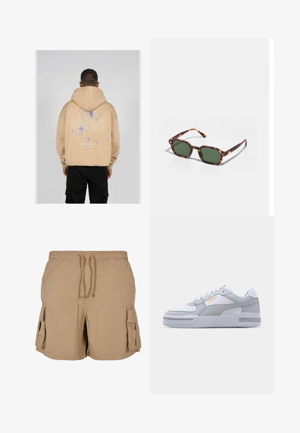 Beige hoodie met een grote grafische afbeelding op de rug met blauwe en paarse vlinderontwerpen en gestileerde tekst. Verstelbare capuchon en geribbelde manchetten.; Beige cargoshorts van lichtgewicht stof met een tailleband met trekkoord, twee zijzakken en twee cargozakken. Eenvoudig, functioneel ontwerp.; Grijze en witte sneakers met een glad leren bovenkant, geperforeerde neus, vetersluiting, getextureerde accenten en een subtiele gouden logo.; Tortoiseshell zonnebrillen met groene glazen, met een octagonaal formaat en slanke, gebogen armen. Materiaal heeft een glanzende afwerking.