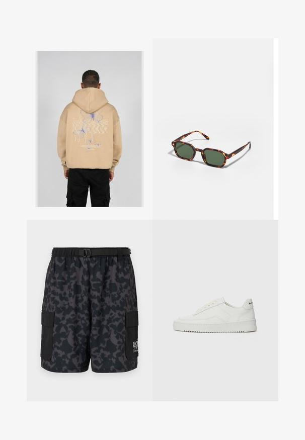 Beige hoodie met een grote grafische afbeelding op de rug met blauwe en paarse vlinderontwerpen en gestileerde tekst. Verstelbare capuchon en geribbelde manchetten.; Zwarte shorts met een donker camouflagepatroon, een elastische tailleband, zijzakken en een riem met een gesp. Gemaakt van lichtgewicht, comfortabele materialen.; Witte leren sneaker met een gladde afwerking, ronde neus, platte veters en een gestructureerde zool. Kenmerkt zich door een subtiel logo op de hiel.; Tortoiseshell zonnebrillen met groene glazen, met een octagonaal formaat en slanke, gebogen armen. Materiaal heeft een glanzende afwerking.