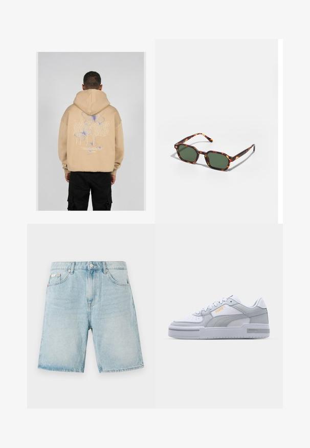Beige hoodie met een grote grafische afbeelding op de rug met blauwe en paarse vlinderontwerpen en gestileerde tekst. Verstelbare capuchon en geribbelde manchetten.; Lichtblauwe denim shorts met een losse pasvorm, voorzien van voorzakken, een knoopsluiting en minimale vervaging.; Grijze en witte sneakers met een glad leren bovenkant, geperforeerde neus, vetersluiting, getextureerde accenten en een subtiele gouden logo.; Tortoiseshell zonnebrillen met groene glazen, met een octagonaal formaat en slanke, gebogen armen. Materiaal heeft een glanzende afwerking.