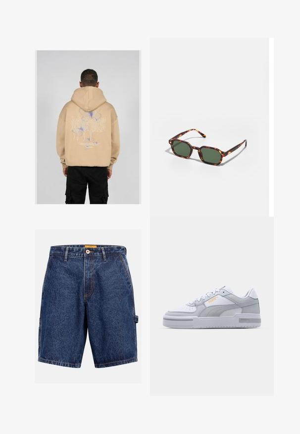 Bežinė hoodie su dideliu grafiniu piešiniu ant nugaros, kuriame yra mėlynų ir purpurinių drugelių dizainų bei stilizuotas tekstas. Reguliuojama kapučio dalis ir briaunoti rankogaliai.; Tamsiai mėlynos džinsinės šortai su užsegimu mygtuku, dirželių kilpomis ir kontrastinga oranžine siuvimo linija. Tiesus fasonas su šoninėmis kišenėmis.; Pilkomis ir baltos sportbačiai su lygaus odos paviršiumi, perforuota koja, raištelių užsegimu, tekstūriniais akcentais ir subtiliu auksiniu logotipu.; Žvyneliai akiniai nuo saulės su žaliais lęšiais, turintys aštuonkampį formos ir plonas, lenktas šakeles. Medžiaga turi blizgų paviršių.