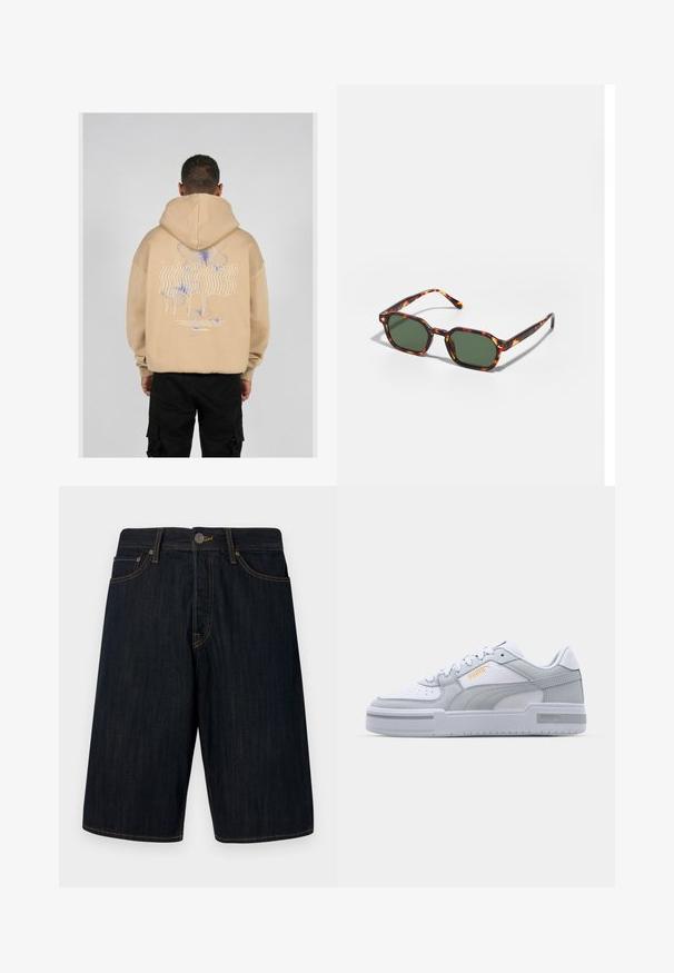 Bež kapuutsviiter, mille seljal on suur graafika, kus on sinised ja lillad liblikadisainid ning stiliseeritud tekst. Reguleeritav kapuuts ja soonikkoes mansetid.; Tumedat teksasist lühikesed püksid sirge lõikega, millel on kollane õmblus, viis taskut ja ette nööbistamise sulgus. Sile tekstuur.; Hallide ja valged sneakerid sujuva nahast ülemise osa, augustatud varvase, paelakinnituse, tekstuursete aktsentide ja peene kuldse logoga.; Kilpkonnakuju prillid roheliste läätsega, millel on kaheksanurkne kuju ja kitsad, kaarduvad varred. Materjalil on läikiv viimistlus.