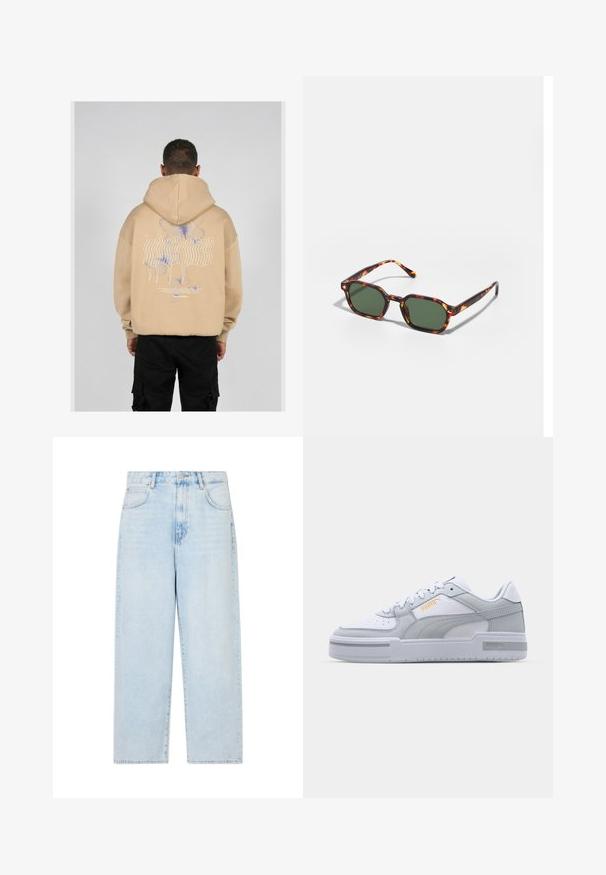 Bežinė hoodie su dideliu grafiniu piešiniu ant nugaros, kuriame yra mėlynų ir purpurinių drugelių dizainų bei stilizuotas tekstas. Reguliuojama kapučio dalis ir briaunoti rankogaliai.; Šviesiai mėlyni džinsai su plačiais kojų galuose, aukštu liemeniu, penkiomis kišenėmis ir mygtuko uždarymu. Lygi tekstūra su išblukusiu plovimo efektu.; Pilkomis ir baltos sportbačiai su lygaus odos paviršiumi, perforuota koja, raištelių užsegimu, tekstūriniais akcentais ir subtiliu auksiniu logotipu.; Žvyneliai akiniai nuo saulės su žaliais lęšiais, turintys aštuonkampį formos ir plonas, lenktas šakeles. Medžiaga turi blizgų paviršių.