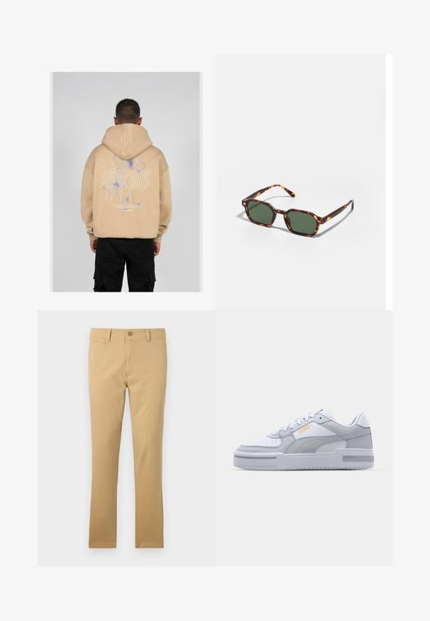 Beige kapucnis felső, amelyen nagyméretű grafika található a hátsó részen kék és lila pillangó mintákkal és stilizált szöveggel. Állítható kapucni és bordás mandzsetták.; Kaki pamutnadrág, egyenes lábbal, elülső zsebekkel, gombos záródással és diszkrét szövettextúrával.; Szürke és fehér tornacipők sima bőr felsőrésszel, perforált orral, fűzős záródással, texturált díszítéssel és egy diszkrét arany logóval.; Tortoise mintás napszemüveg zöld lencsékkel, nyolcszögletű kialakítással és vékony, ívelt karokkal. Az anyag fényes felületű.