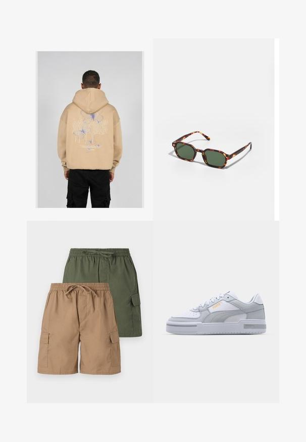 Beige kapucnis felső, amelyen nagyméretű grafika található a hátsó részen kék és lila pillangó mintákkal és stilizált szöveggel. Állítható kapucni és bordás mandzsetták.; Két pár cargo nadrág; az egyik khaki, a másik zöld. Mindkettő rugalmas derékkal, húzózsinórral és oldalsó zsebekkel rendelkezik. Sima szövetfelszín.; Szürke és fehér tornacipők sima bőr felsőrésszel, perforált orral, fűzős záródással, texturált díszítéssel és egy diszkrét arany logóval.; Tortoise mintás napszemüveg zöld lencsékkel, nyolcszögletű kialakítással és vékony, ívelt karokkal. Az anyag fényes felületű.