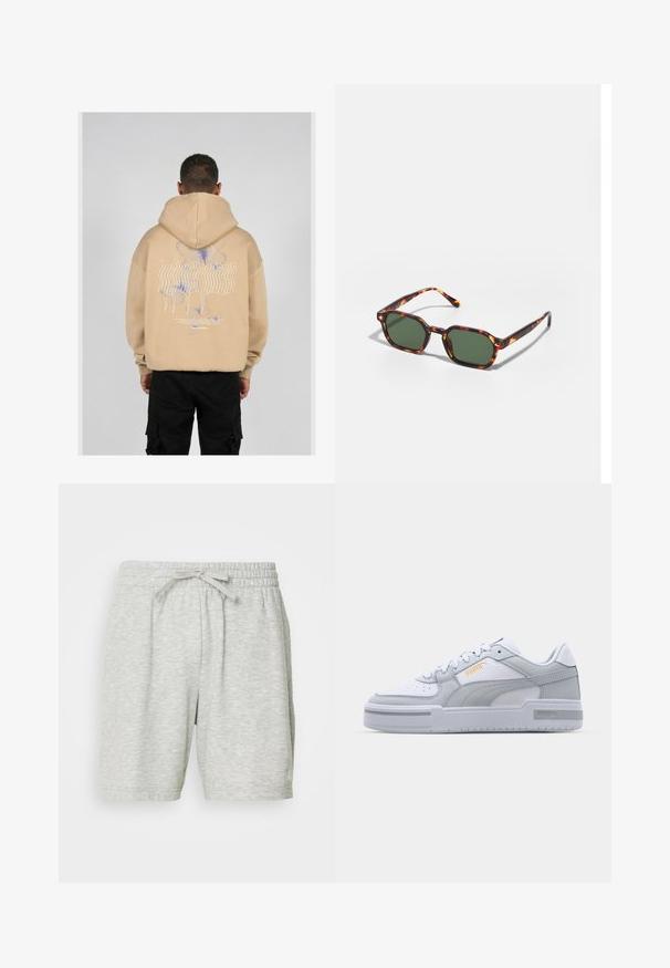 Beżowa bluza z kapturem z dużą grafiką na plecach, przedstawiającą niebieskie i fioletowe motyle oraz stylizowany tekst. Regulowany kaptur i ściągacze przy mankietach.; Jasnoszare spodenki sportowe wykonane z miękkiego materiału, z elastycznym pasem i sznurkiem do regulacji, oraz dwoma bocznymi kieszeniami.; Szare i białe sneakersy z gładkiej skóry, perforowanym noskiem, sznurowanym zapięciem, teksturowanymi akcentami i subtelnym złotym logo.; Okulary przeciwsłoneczne w kolorze żółwim z zielonymi soczewkami, o ośmiokątnym kształcie i cienkich, zakrzywionych ramionach. Materiał ma błyszczące wykończenie.