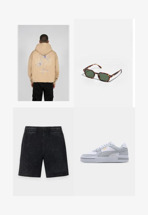 Beživa dukserica sa velikim grafičkim motivom na leđima s plavim i ljubičastim dizajnom leptira i stilizovanim tekstom. Podesiva kapuljača i rebrasti manžeti.; Crne šortse s izblijedjelom teksturom, elastičnim pojasom i ravnim krojem. Nema vidljivih džepova ni ukrasa.; Sive i bijeli tenisice s glatkom kožom na gornjem dijelu, perforiranim vrhom, vezanjem, teksturiranim detaljima i suptilnim zlatnim logom.; Tortoiseshell sunčane naočale s zelenim lećama, sa osmerokutnim oblikom i tankim, zakrivljenim drškama. Materijal ima sjajnu završnu obradu.