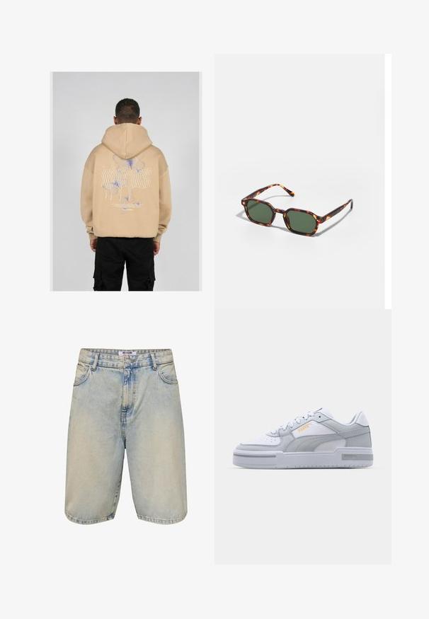 Beige kapucnis felső, amelyen nagyméretű grafika található a hátsó részen kék és lila pillangó mintákkal és stilizált szöveggel. Állítható kapucni és bordás mandzsetták.; Világoskék farmer rövidnadrág, kifakult mosással, gombos záródással, öt zsebbel és varrott díszítéssel a szegélyen és a zsebszéleken.; Szürke és fehér tornacipők sima bőr felsőrésszel, perforált orral, fűzős záródással, texturált díszítéssel és egy diszkrét arany logóval.; Tortoise mintás napszemüveg zöld lencsékkel, nyolcszögletű kialakítással és vékony, ívelt karokkal. Az anyag fényes felületű.
