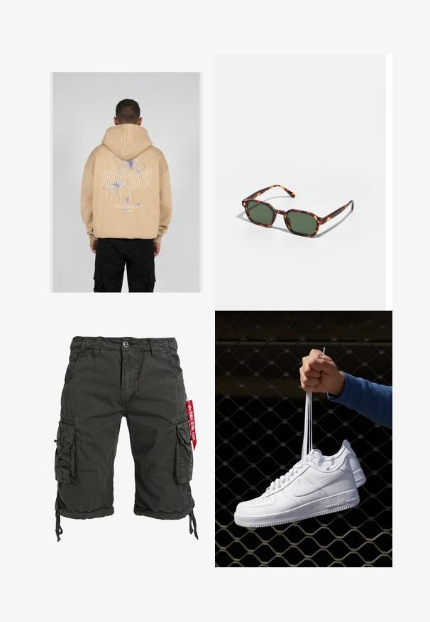 Felpa beige con cappuccio caratterizzata da una grande grafica sul retro con disegni di farfalle blu e viola e testo stilizzato. Cappuccio regolabile e polsini a coste.; Pantaloni cargo verde scuro realizzati in tessuto resistente, dotati di molteplici tasche laterali, orlo con coulisse e un'etichetta rossa decorativa.; Sneakers in pelle bianca con perforazioni, punta rotonda, suola piatta e lacci spessi, con logo swoosh visibile e "AIR" sul tallone.; Occhiali da sole tartarugati con lenti verdi, dotati di una forma ottagonale e bracci sottili e curvi. Il materiale ha una finitura lucida.