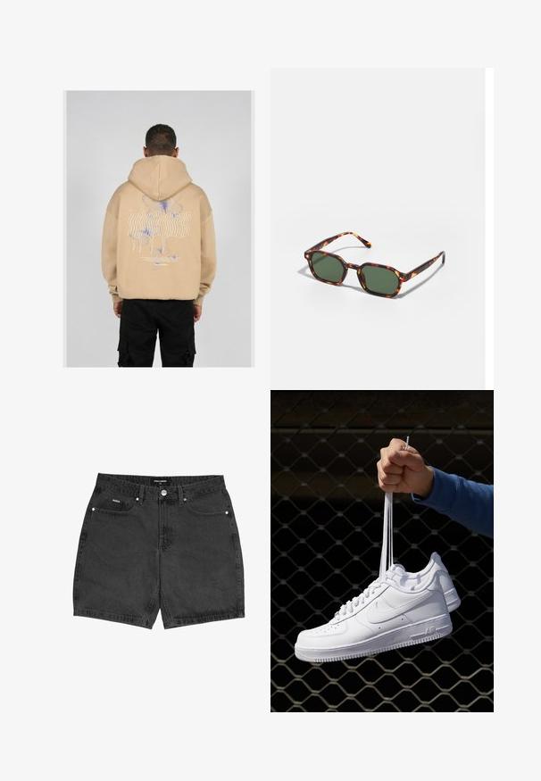 Beige huppari, jossa on suuri graafinen painatus selässä, joka esittelee sinisiä ja purppuranvärisiä perhosia sekä tyyliteltyä tekstiä. Säädettävä huppu ja ribbaustaskut.; Mustat farkkushortsit suoralla leikkauksella, viisi taskua ja nappisuljenta. Sisältää pieniä tikkausyksityiskohtia ja teksturoidun kankaan.; Valkoiset nahkasneakersit, joissa on rei'ityksiä, pyöreä kärki, tasapohja ja paksut nauhat, joissa on näkyvä swoosh-logo ja "AIR" kantapäässä.; Kilpikonnakuosiset aurinkolasit vihreillä linsseillä, joissa on oktaalinen muoto ja kapeat, kaarevat varret. Materiaalissa on kiiltävä pinta.