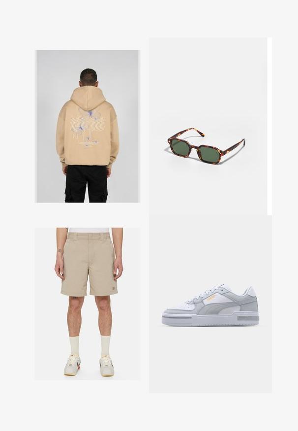 Sudadera beige con un gran gráfico en la parte posterior que presenta diseños de mariposas en azul y púrpura junto con texto estilizado. Capucha ajustable y puños acanalados.; Pantalones cortos beige con cinturilla elástica, diseño de frente plano y parche con logo en la pierna izquierda. Tejido ligero y longitud por encima de la rodilla.; Zapatillas gris y blanco con parte superior de cuero suave, puntera perforada, cierre de cordones, acentos texturizados y un sutil logo dorado.; Gafas de sol carey con lentes verdes, de forma octagonal y con patillas delgadas y curvas. El material tiene un acabado brillante.