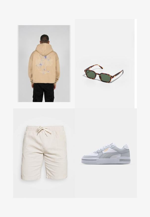 Beige hoodie featuring a large graphic on the back with blue and purple butterfly designs and stylized text. Adjustable hood and ribbed cuffs.; Beige shorts made of lightweight fabric with an elastic waistband and drawstring. Features two side pockets and a textured surface.; Gray and white sneakers with smooth leather upper, perforated toe, lace-up closure, textured accents, and a subtle gold logo.; Tortoiseshell sunglasses with green lenses, featuring an octagonal shape and slim, curved arms. Material has a glossy finish.