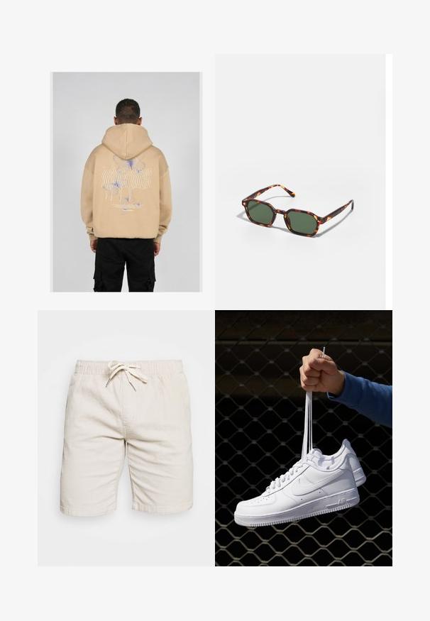 Felpa beige con cappuccio caratterizzata da una grande grafica sul retro con disegni di farfalle blu e viola e testo stilizzato. Cappuccio regolabile e polsini a coste.; Pantaloni corti beige realizzati in tessuto leggero con cintura elastica e cordino. Presentano due tasche laterali e una superficie texturizzata.; Sneakers in pelle bianca con perforazioni, punta rotonda, suola piatta e lacci spessi, con logo swoosh visibile e "AIR" sul tallone.; Occhiali da sole tartarugati con lenti verdi, dotati di una forma ottagonale e bracci sottili e curvi. Il materiale ha una finitura lucida.