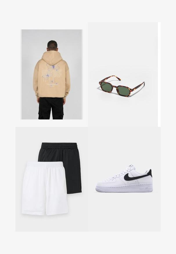 Beživa dukserica sa velikim grafičkim motivom na leđima s plavim i ljubičastim dizajnom leptira i stilizovanim tekstom. Podesiva kapuljača i rebrasti manžeti.; Dva para sportskih kratkih hlača: jedan crni, jedan bijeli. Oboje imaju elastičnu traku u struku i prozračnu mrežastu teksturu.; Bijele kožne tenisice s teksturiranim crnim Swoosh-om, ravnim vezicama i gumenim potplatom s rebrenastim uzorkom. "AIR" je utisnut na peti.; Tortoiseshell sunčane naočale s zelenim lećama, sa osmerokutnim oblikom i tankim, zakrivljenim drškama. Materijal ima sjajnu završnu obradu.