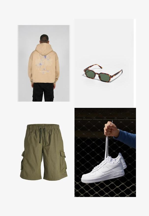 Beige hoodie med et stort grafik på ryggen med blå og lilla sommerfugledesigns og stiliseret tekst. Justerbar hætte og ribbede manchetter.; Cargo shorts lavet af olivengrønt stof, med en elastisk talje og snor samt sidelommer. Glat struktur, knælængde.; Hvide lædersneakers med perforeringer, rund tå, flad sål og tykke snørebånd, med et synligt swoosh-logo og "AIR" på hælen.; Skildpaddefarvede solbriller med grønne linser, der har en oktagonal form og slanke, buede arme. Materialet har en blank finish.