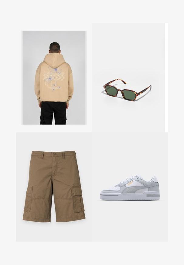 Beige Kapuzenpullover mit einem großen Grafikdesign auf dem Rücken, das blaue und lila Schmetterlinge sowie stilisierte Schriftzüge zeigt. Verstellbare Kapuze und gerippte Bündchen.; Braune Baumwoll-Cargo-Shorts mit mehreren Seitentaschen, einem Knopfverschluss und genähter Dekoration. Klassisches knielanges Design.; Graue und weiße Sneaker mit einem Obermaterial aus glattem Leder, perforierter Zehenpartie, Schnürverschluss, strukturierten Akzenten und einem dezenten goldenen Logo.; Schildpatt-Sonnenbrille mit grünen Gläsern, in einer achteckigen Form und schlanken, gebogenen Bügeln. Das Material hat eine glänzende Oberfläche.