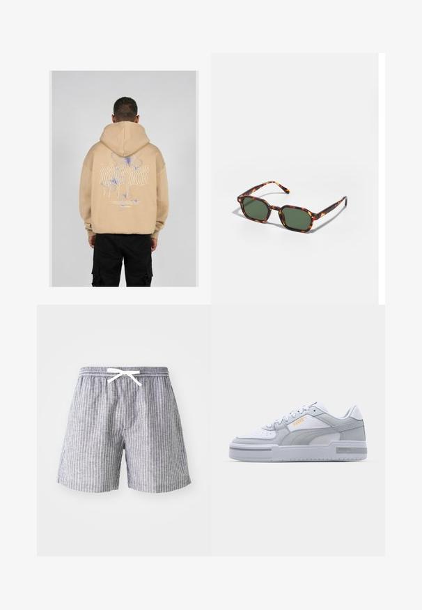 Hanorac bej cu un grafic mare pe spate, având desene de fluturi albastre și mov și text stilizat. Glugă ajustabilă și manșete cu nervuri.; Șorturi gri rayurite cu talie cu șnur, realizate dintr-un material ușor. Prezintă dungi albe verticale și o croială lejeră și confortabilă.; Adidași gri și albi cu upper din piele netedă, vârf perforat, închidere cu șireturi, accente texturate și un logo auriu subtil.; Ochelari de soare cu montură broască țestoasă și lentile verzi, având o formă octogonală și brațe subțiri, curbate. Materialul are o finisare lucioasă.