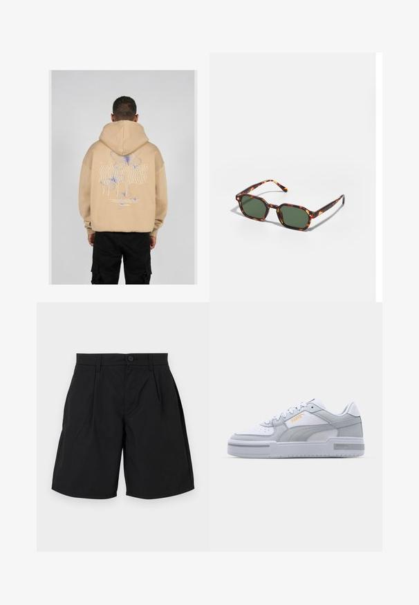 Beige mikina s kapucí s velkým potiskem na zadní straně, na kterém jsou modré a fialové motýlí vzory a stylizovaný text. Nastavitelná kapuce a vroubkované manžety.; Černé šortky vyrobené z hladkého materiálu, s knoflíkovým zapínáním, dvěma předními sklady a bočními kapsami, s uvolněným střihem a rovnými lemy.; Šedé a bílé tenisky s hladkým koženým svrškem, perforovanou špičkou, šněrováním, texturovanými akcenty a jemným zlatým logem.; Kočičí brýle v barvě želvoviny se zelenými skly, s osmiúhelníkovým tvarem a úzkými, zakřivenými stranami. Materiál má lesklý povrch.