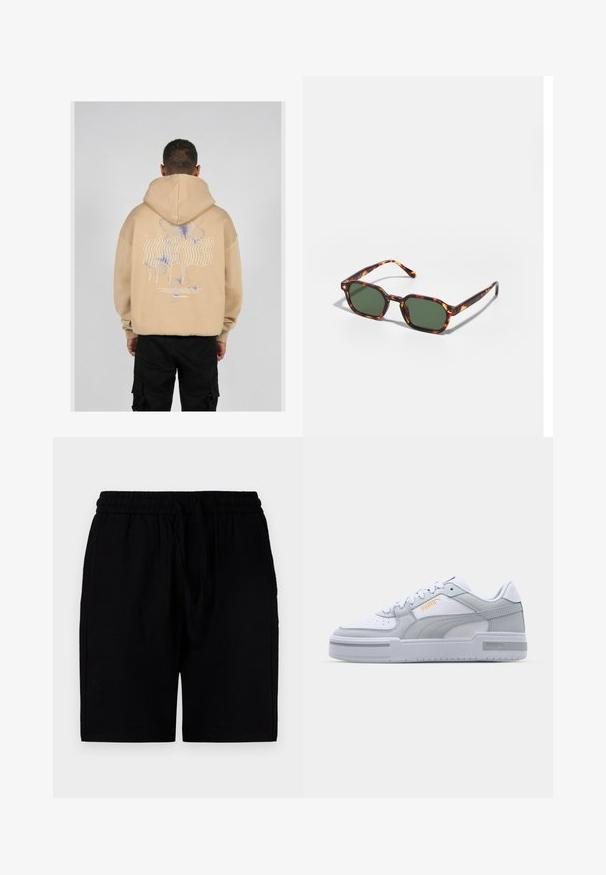 Felpa beige con cappuccio caratterizzata da una grande grafica sul retro con disegni di farfalle blu e viola e testo stilizzato. Cappuccio regolabile e polsini a coste.; Pantaloni corti neri realizzati in un materiale leggero, con un elastico in vita e cordoncino, tasche laterali e un taglio rilassato.; Sneaker grigie e bianche con tomaia in pelle liscia, punta perforata, chiusura con lacci, dettagli testurizzati e un sottile logo dorato.; Occhiali da sole tartarugati con lenti verdi, dotati di una forma ottagonale e bracci sottili e curvi. Il materiale ha una finitura lucida.