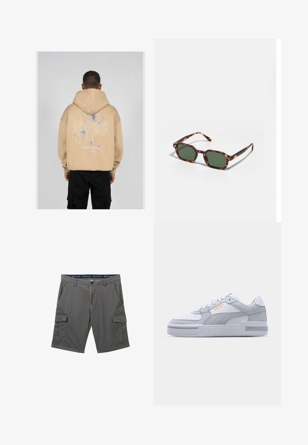 Beige hoodie met een grote grafische afbeelding op de rug met blauwe en paarse vlinderontwerpen en gestileerde tekst. Verstelbare capuchon en geribbelde manchetten.; Grijze cargoshorts met een logo op de tailleband, meerdere zakken, een knoopsluiting en een gestructureerde stof. Ontworpen voor functionaliteit en comfort.; Grijze en witte sneakers met een glad leren bovenkant, geperforeerde neus, vetersluiting, getextureerde accenten en een subtiele gouden logo.; Tortoiseshell zonnebrillen met groene glazen, met een octagonaal formaat en slanke, gebogen armen. Materiaal heeft een glanzende afwerking.