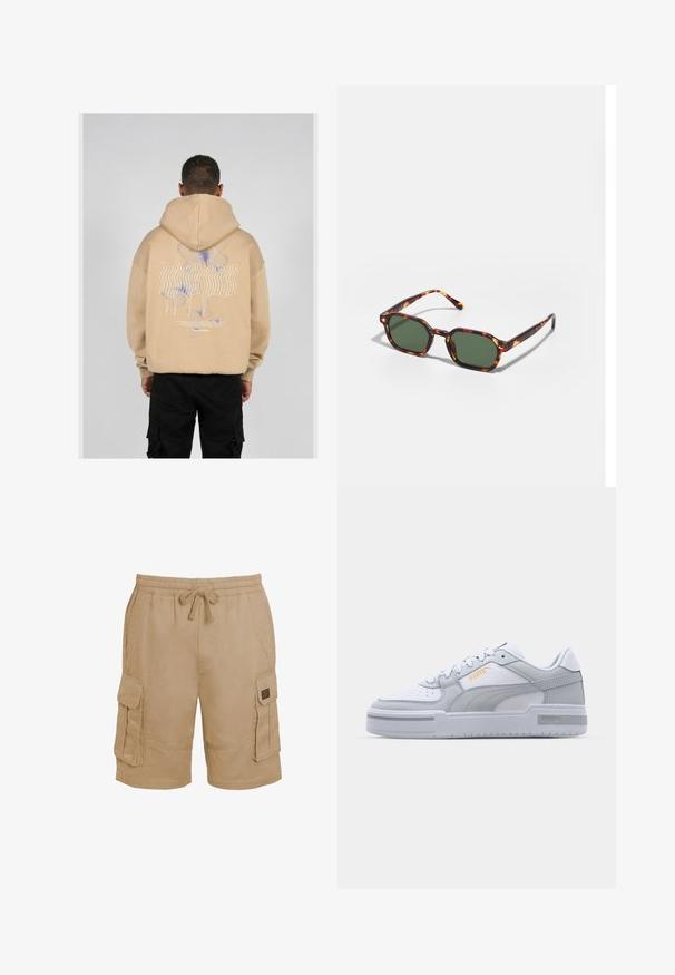 Beige huppari, jossa on suuri graafinen painatus selässä, joka esittelee sinisiä ja purppuranvärisiä perhosia sekä tyyliteltyä tekstiä. Säädettävä huppu ja ribbaustaskut.; Beige puuvillased cargo lühikesed püksid elastse vöökoha, paelaga ja mitme küljetaskuga. Tekstuuriga kangas koos õmblusaktsentidega.; Harmaat ja valkoiset lenkkarit, joissa on sileä nahkapinta, rei'itetty varvastoppa, nauhakiinnitys, teksturoituja yksityiskohtia ja hillitty kultainen logo.; Kilpikonnakuosiset aurinkolasit vihreillä linsseillä, joissa on oktaalinen muoto ja kapeat, kaarevat varret. Materiaalissa on kiiltävä pinta.