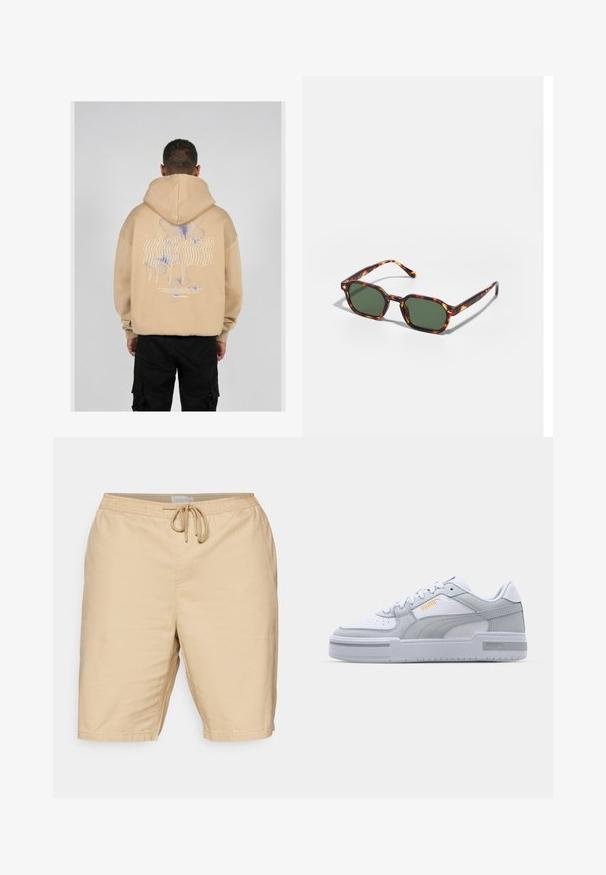 Beige hoodie featuring a large graphic on the back with blue and purple butterfly designs and stylized text. Adjustable hood and ribbed cuffs.; Light beige shorts made of fabric with a smooth texture, featuring an elastic waistband and drawstring, and side pockets.; Gray and white sneakers with smooth leather upper, perforated toe, lace-up closure, textured accents, and a subtle gold logo.; Tortoiseshell sunglasses with green lenses, featuring an octagonal shape and slim, curved arms. Material has a glossy finish.