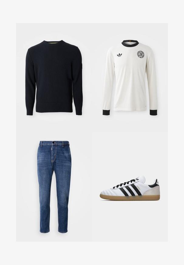 Suéter de punto azul marino con textura de canalé, cuello redondo y mangas largas. Presenta un pequeño parche de logo en la manga izquierda.; Camiseta de fútbol de manga larga blanca con textura acanalada, cuello y puños negros, que presenta el logo negro de Adidas y un emblema gráfico circular.; Vaqueros de mezclilla en azul oscuro con un diseño de pierna recta, que cuentan con un cierre delantero de botón y cremallera, cinco bolsillos y detalles de desvanecimiento ligero.; Zapatilla Adidas Samba blanca con rayas negras, cordones negros, talón de gamuza beige y suela de goma clara, mostrada en perfil izquierdo.
