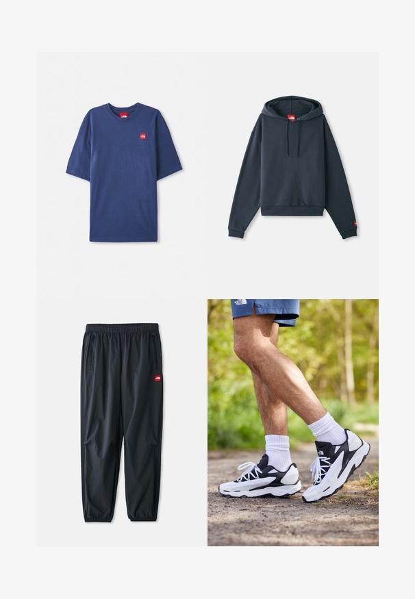 Mørkeblå hettegenser laget av mykt stoff, har kengurulomme, ribbestrikkede mansjetter og et logomerke på forsiden.; Marineblå kortermet t-skjorte laget av bomull, med rund hals og en liten rød logo på brystet.; Sorte lette bukser laget av syntetisk materiale, med elastisk linning, glidelåslommer på siden, og en liten rød logo-patch.; Svart-hvite joggesko med mesh-overdel, teksturerte detaljer og hvite snøringer. Brukes med hvite ankelstrømper og marineblå shorts på en sti.