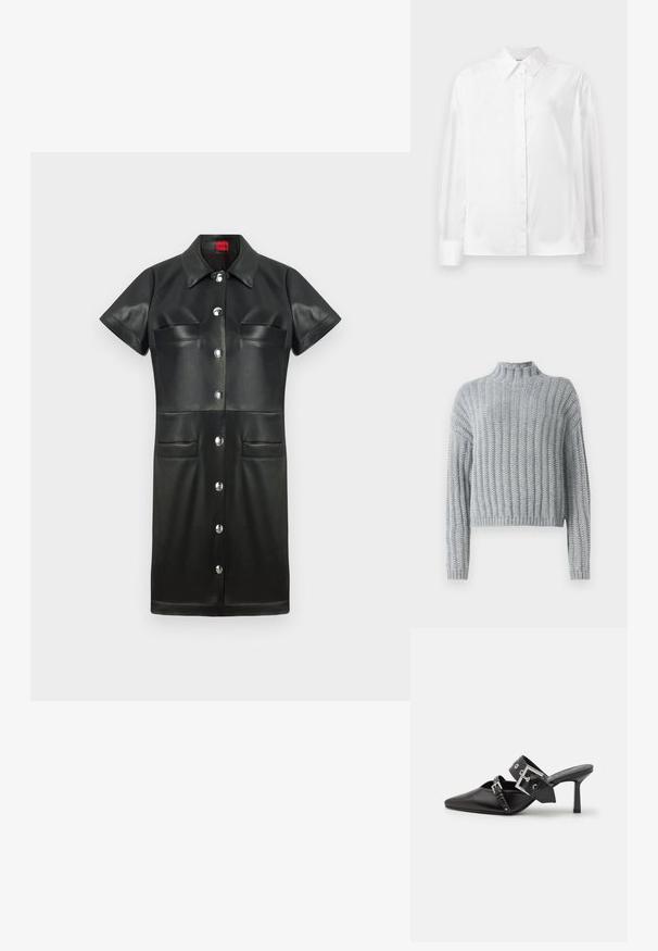 Světle šedý chunky pletený svetr s žebrovaným vzorem, s výstřihem u krku, dlouhými rukávy a mírně zkráceným střihem.; Černé kožené šaty s krátkým rukávem, límečkem, zapínáním na knoflíky a dvěma prsními kapsami. Disponují stříbrnými doplňky a hladkým povrchem.; Bílá košile s dlouhým rukávem z hladké bavlněné směsi. Obsahuje klasický límec, přední zapínání na knoflíky a zaoblené manžety.; Černé muly na vysokém podpatku s špičatou špičkou, vyrobené z hladké kůže. Mají široký pás kolem kotníku se čtvercovou stříbrnou sponou a cvočky.