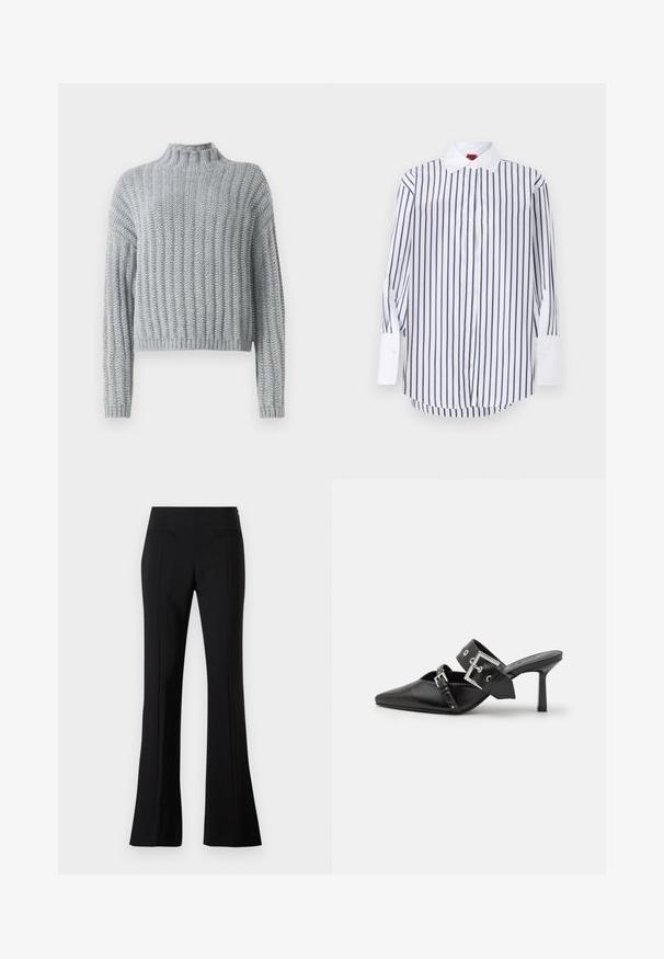 Svetre svetlo sive barve z debelim pletenjem, rebrastim vzorcem, ovratnikom na ovratniku, dolgimi rokavi in nekoliko skrajšano silhueto.; Bela srajca z gumbi in mornarsko modrimi navpičnimi črtami, dolgi rokavi z belimi manšetami, klasičen ovratnik in ukrivljen rob. Gladka tekstura tkanine.; Črne široke hlače iz gladkega materiala z visokim pasom, ki imajo dve zadnji žepu in pregib po sprednji strani vsake nogavice.; Črne visoke mule s koničastim prstom, izdelane iz gladkega usnja. Imajo širok gleženjski trak s kvadratno srebrno zaponko in okraski.