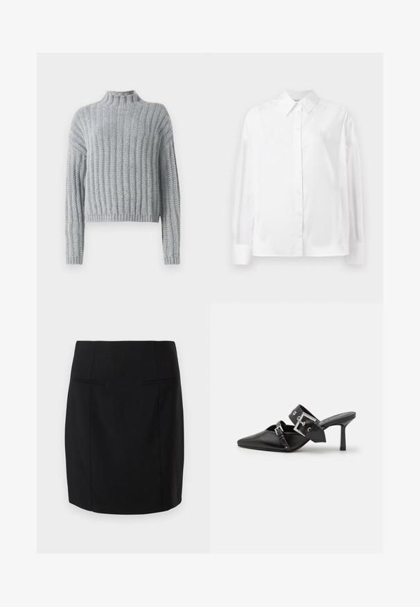 Svetre svetlo sive barve z debelim pletenjem, rebrastim vzorcem, ovratnikom na ovratniku, dolgimi rokavi in nekoliko skrajšano silhueto.; Bela srajca z dolgimi rokavi in gumbi, izdelana iz gladkega bombažnega mešanega materiala. Ima klasičen ovratnik, sprednje zapiranje na gumbe in zaokrožene manšete.; Črna svila krilo iz gladkega materiala, s prilegajočim se dizajnom, dvema sprednjima žepoma in dolžino do kolen.; Črne visoke mule s koničastim prstom, izdelane iz gladkega usnja. Imajo širok gleženjski trak s kvadratno srebrno zaponko in okraski.