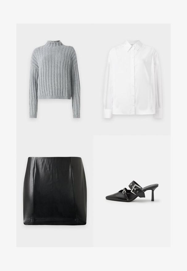 Light gray chunky knit sweater with ribbed pattern, mock neck, long sleeves, and a slightly cropped fit.; White long-sleeve button-up shirt in a smooth cotton blend. Features a classic collar, front button closure, and rounded cuffs.; Black faux leather mini skirt with front panel stitching and slight sheen, laid flat on a neutral background.; Black high-heeled mules with a pointed toe, made of smooth leather. Features a wide ankle strap with a square silver buckle and studs.