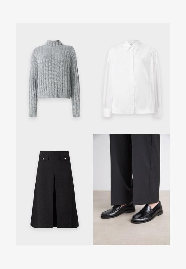 Svetre svetlo sive barve z debelim pletenjem, rebrastim vzorcem, ovratnikom na ovratniku, dolgimi rokavi in nekoliko skrajšano silhueto.; Bela srajca z dolgimi rokavi in gumbi, izdelana iz gladkega bombažnega mešanega materiala. Ima klasičen ovratnik, sprednje zapiranje na gumbe in zaokrožene manšete.; Črna krila do kolen z teksturirano tkanino, sprednji razporek in dvema kovinskima okrasoma na pasu. Ima čisto, oblikovano zasnovo.; Črne usnjene loafer čevlje z gladko površino, stikani detajli okoli prstov in nizko gumijasto podplat. Usklajeni z širokimi črnimi hlačami.
