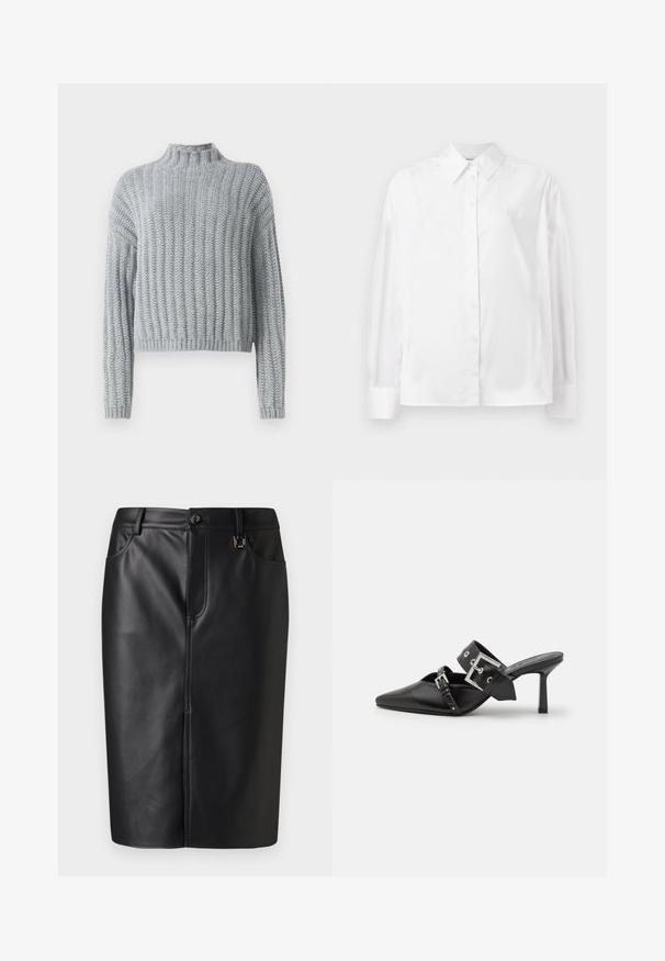 Pulover texturat în nuanță de gri deschis, cu model în pliuri, guler la baza gâtului, mâneci lungi și o croială puțin mai scurtă.; Cămașă albă cu mânecă lungă, cu nasturi, confecționată dintr-un amestec de bumbac fin. Include o guler clasic, închidere frontală cu nasturi și manșete rotunjite.; Fustă creion din piele neagră cu o textură netedă, slit frontal, buzunare laterale și închidere cu nasture la talie. Design minimalist.; Mulele negre cu toc înalt, cu vârful ascuțit, fabricate din piele netedă. Dispun de o curea lată pentru gleznă, cu o cataramă pătrată din argint și cu cuie.