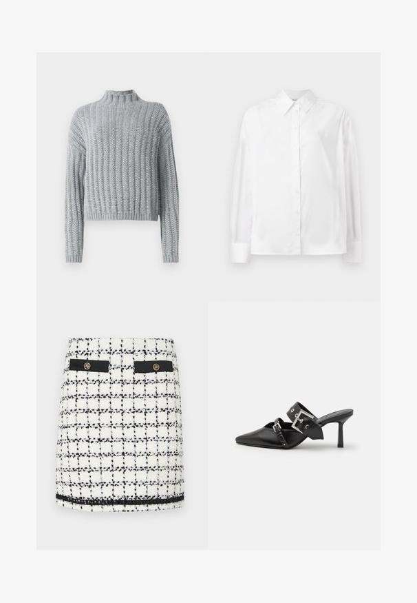 Világosszürke, vastag kötésű pulóver bordás mintával, állvédős nyakkal, hosszú ujjal és enyhén rövid fazonnal.; Fehér, hosszú ujjú, gombos ing sima pamut keverékből. Klasszikus gallérral, elöl gombos záródással és lekerekített mandzsettával rendelkezik.; Kockás mintás, fekete és fehér tweed mini szoknya, fekete kiegészítőkkel, két elülső zsebből és arany gomb részletekből áll.; Fekete magassarkú mules, hegyes orral, sima bőrből készült. Széles bokapántja van, négyzet alakú ezüst csattal és szegecsekkel.