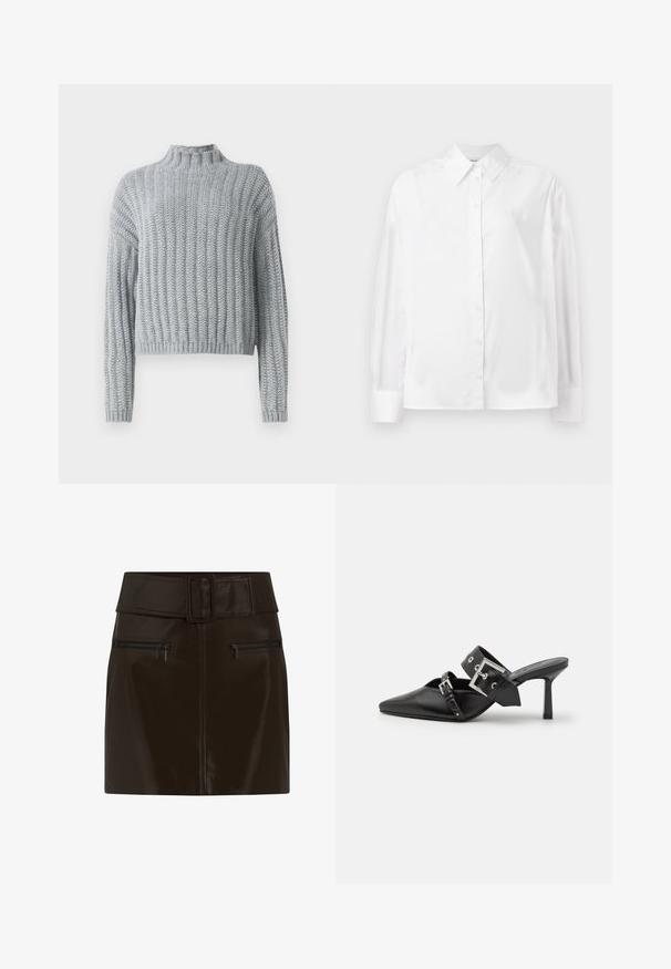 Pull en tricot épais gris clair avec un motif en côtes, col montant, manches longues et une coupe légèrement cropped.; Chemise blanche à manches longues, en mélange de coton lisse. Présente un col classique, une fermeture à boutons sur le devant et des poignets arrondis.; Mini jupe en cuir synthétique marron avec une large taille, une boucle carrée et deux poches zippées sur les côtés. Texture lisse et brillante.; Mules noires à talons hauts avec un bout pointu, en cuir lisse. Dotées d'une large sangle à la cheville avec une boucle carrée en argent et des clous.