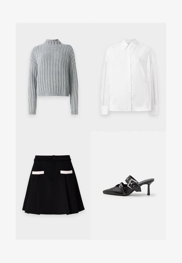 Svetre z hrubej svetlej šedej priadze s rebrovaným vzorom, polo-vystrihom, dlhými rukávmi a mierne skráteným strihom.; Biela košeľa s dlhým rukávom vyrobená z hladkej bavlnenej zmesi. Má klasický golier, predné zapínanie na gombíky a zaoblené manžety.; Čierna sukňa s rozšíreným dizajnom, obsahujúca dve predné vrecká s bielymi akcentmi, uzatváranie na gombík a hladkú textúru látky.; Čierne vysoké podpätky mule so špicatou špičkou, vyrobené z hladkej kože. Obsahujú široký členkový remienok so štvrcovým strieborným sponom a cvokmi.