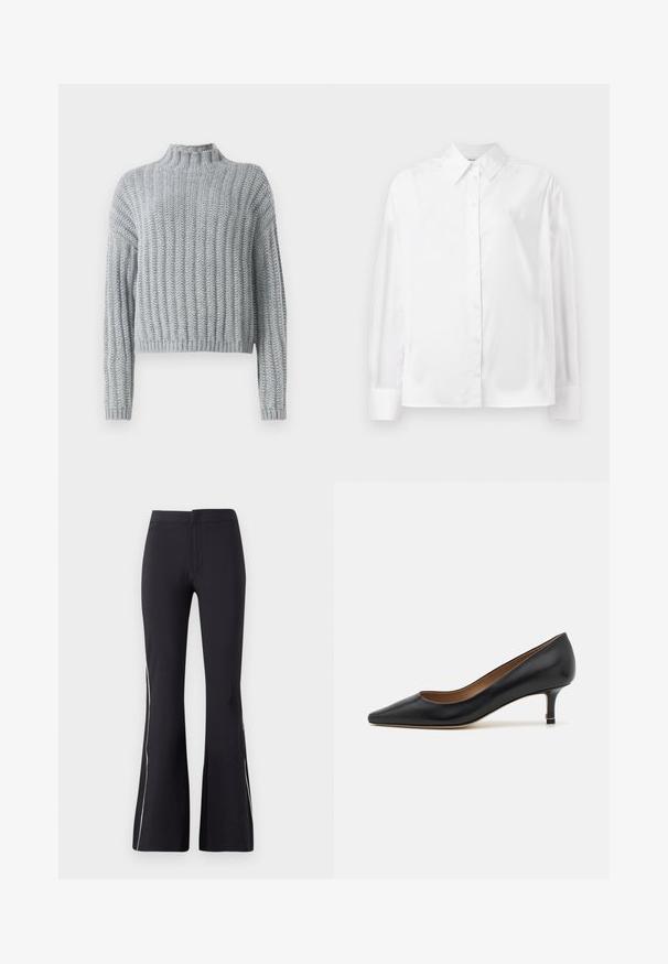 Svetre z hrubej svetlej šedej priadze s rebrovaným vzorom, polo-vystrihom, dlhými rukávmi a mierne skráteným strihom.; Biela košeľa s dlhým rukávom vyrobená z hladkej bavlnenej zmesi. Má klasický golier, predné zapínanie na gombíky a zaoblené manžety.; Čierne rozšírené nohavice vyrobené z elastického materiálu. Majú hladký povrch a kontrastné biele bočné prúžky. Jednoduchý dizajn s elastickým pásom.; Čierne kožené topánky na nižšom podpätku s špicatou špičkou, nízkym kitten heel, hladkou textúrou a jemným zlatým akcentom na základe podpätku.