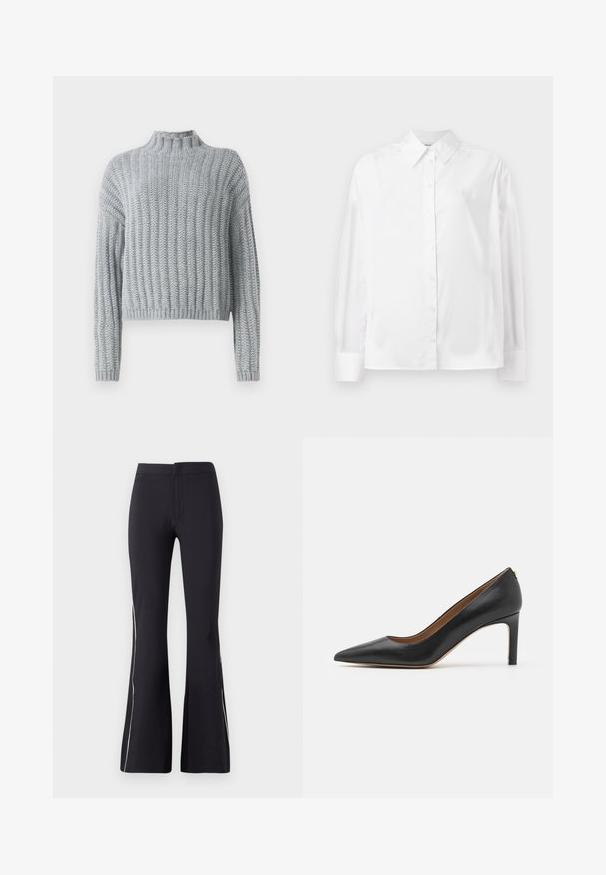 Suéter grueso de punto en gris claro con patrón de canalé, cuello tipo alto, mangas largas y un corte ligeramente corto.; Camisa blanca de manga larga con botones, hecha de una suave mezcla de algodón. Cuenta con un cuello clásico, cierre frontal con botones y puños redondeados.; Pantalones de campana negros hechos de tela elástica. Presentan una textura suave y un piping lateral blanco en contraste. Diseño sencillo de cintura elástica.; Zapato de tacón alto de cuero negro con punta afilada, silueta elegante y tacón delgado. Presenta una textura suave y acentos de hardware mínimos.