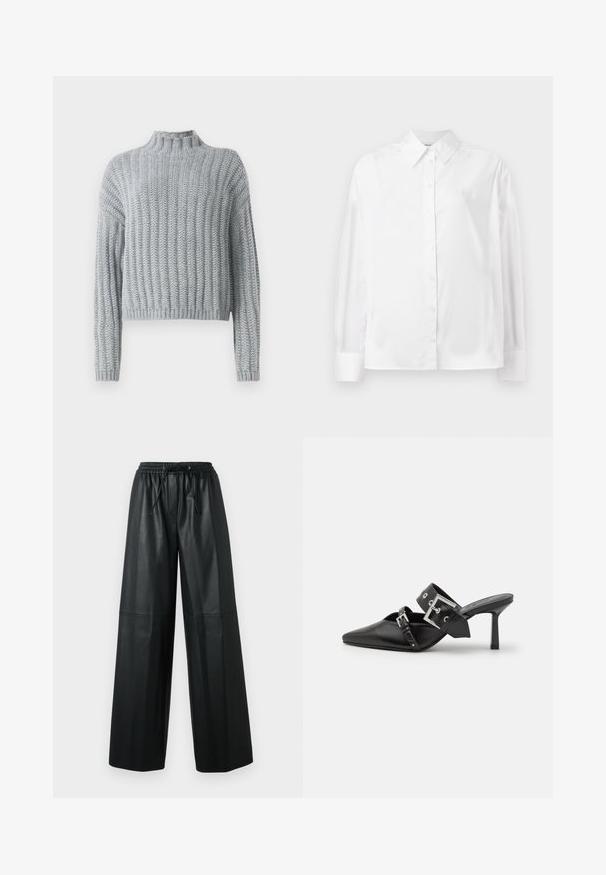 Pulover texturat în nuanță de gri deschis, cu model în pliuri, guler la baza gâtului, mâneci lungi și o croială puțin mai scurtă.; Cămașă albă cu mânecă lungă, cu nasturi, confecționată dintr-un amestec de bumbac fin. Include o guler clasic, închidere frontală cu nasturi și manșete rotunjite.; Pantaloni largi din piele neagră, cu talie elastică, detaliu cu snur și textură netedă. Prezintă accente cu cusături în față.; Mulele negre cu toc înalt, cu vârful ascuțit, fabricate din piele netedă. Dispun de o curea lată pentru gleznă, cu o cataramă pătrată din argint și cu cuie.