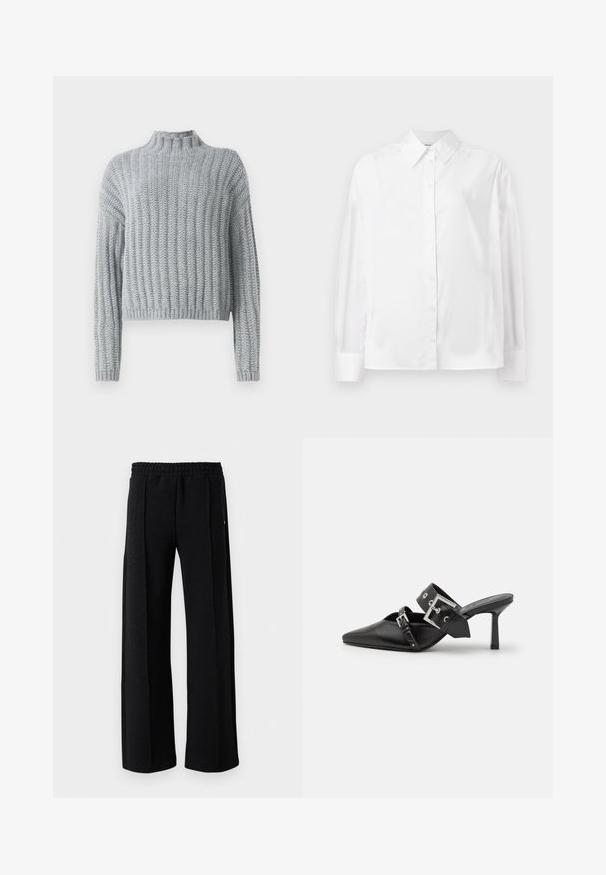 Világosszürke, vastag kötésű pulóver bordás mintával, állvédős nyakkal, hosszú ujjal és enyhén rövid fazonnal.; Fehér, hosszú ujjú, gombos ing sima pamut keverékből. Klasszikus gallérral, elöl gombos záródással és lekerekített mandzsettával rendelkezik.; Fekete egyenes lábú nadrág rugalmas derékkal és finom textúrával az anyagban, fehér háttéren.; Fekete magassarkú mules, hegyes orral, sima bőrből készült. Széles bokapántja van, négyzet alakú ezüst csattal és szegecsekkel.
