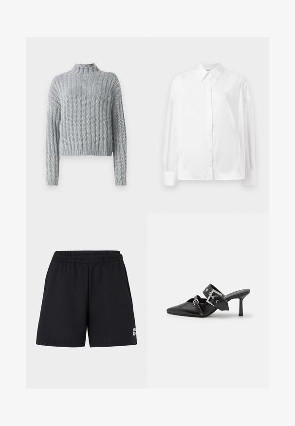 Šviesiai pilkas storas mezginys su raukšlėtu raštu, su apykakle, ilgomis rankovėmis ir šiek tiek trumpesne apdaila.; Baltas ilgas rankovėmis marškiniai su mygtukais, pagaminti iš lygaus medvilnės mišinio. Yra klasikinė apykaklė, priekinis mygtukų uždarymas ir apvalios rankogaliai.; Juodi šortai su elastinga juosmeniu, pagaminti iš minkštos medžiagos. Pasižymi mažu baltu "HUGO" logotipu kairėje apatinėje pusėje.; Juodos aukštakulnės mule bateliai su smailiu pirštu, pagaminti iš lygaus odos. Turi platų kulkšnies dirželį su kvadratiniu sidabro sagtimi ir skulptūromis.