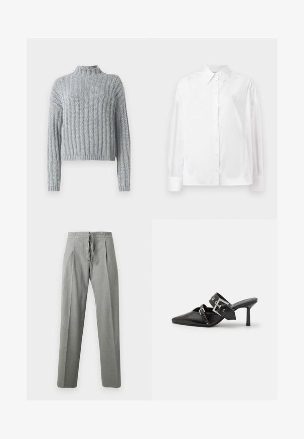 Světle šedý chunky pletený svetr s žebrovaným vzorem, s výstřihem u krku, dlouhými rukávy a mírně zkráceným střihem.; Bílá košile s dlouhým rukávem z hladké bavlněné směsi. Obsahuje klasický límec, přední zapínání na knoflíky a zaoblené manžety.; Šedé, na míru šité kalhoty s páskem na stažení, vybavené dvěma předními záhyby, rovnými nohavicemi a hladkou, texturovanou tkaninou.; Černé muly na vysokém podpatku s špičatou špičkou, vyrobené z hladké kůže. Mají široký pás kolem kotníku se čtvercovou stříbrnou sponou a cvočky.