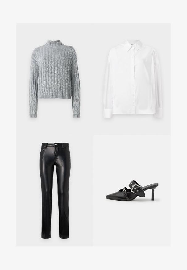 Pull en tricot épais gris clair avec un motif en côtes, col montant, manches longues et une coupe légèrement cropped.; Chemise blanche à manches longues, en mélange de coton lisse. Présente un col classique, une fermeture à boutons sur le devant et des poignets arrondis.; Pantalon en cuir noir à jambes droites avec bouton et fermeture éclair à l'avant, passants de ceinture et poches latérales, présenté sur fond blanc.; Mules noires à talons hauts avec un bout pointu, en cuir lisse. Dotées d'une large sangle à la cheville avec une boucle carrée en argent et des clous.