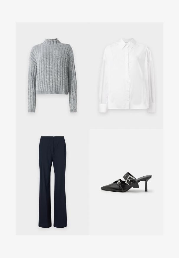 Šviesiai pilkas storas mezginys su raukšlėtu raštu, su apykakle, ilgomis rankovėmis ir šiek tiek trumpesne apdaila.; Baltas ilgas rankovėmis marškiniai su mygtukais, pagaminti iš lygaus medvilnės mišinio. Yra klasikinė apykaklė, priekinis mygtukų uždarymas ir apvalios rankogaliai.; Tamsiai mėlynos palaidinės kelnės, pagamintos iš lygios medžiagos, su švariu diržu be matomų užsegimų ir pritaikytomis linijomis, suteikiančiomis stilingą išvaizdą.; Juodos aukštakulnės mule bateliai su smailiu pirštu, pagaminti iš lygaus odos. Turi platų kulkšnies dirželį su kvadratiniu sidabro sagtimi ir skulptūromis.