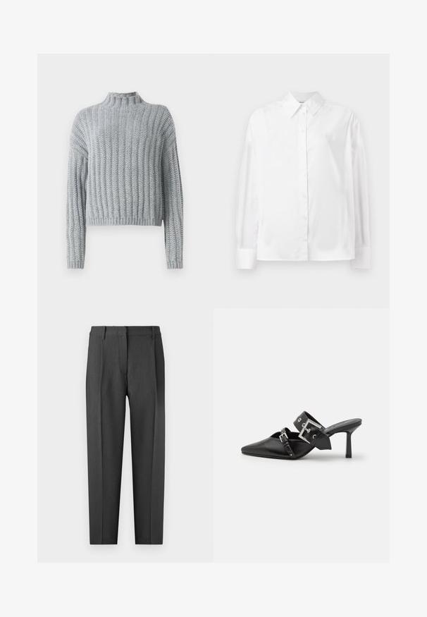 Lichtgrijze chunky gebreide trui met geribd patroon, hoge hals, lange mouwen en een iets cropped pasvorm.; Witte langemouwige button-up shirt in een gladde katoenmix. Voorzien van een klassieke kraag, een knoopsluiting aan de voorkant en afgeronde manchetten.; Charcoal grijze slim-fit pantalon, met een platte voorkant, zijzakken en een recht beenontwerp met een gladde textuur.; Zwarte hoge hakken mules met een puntige neus, gemaakt van soepel leer. Heeft een brede enkelriem met een vierkante zilveren gesp en studs.