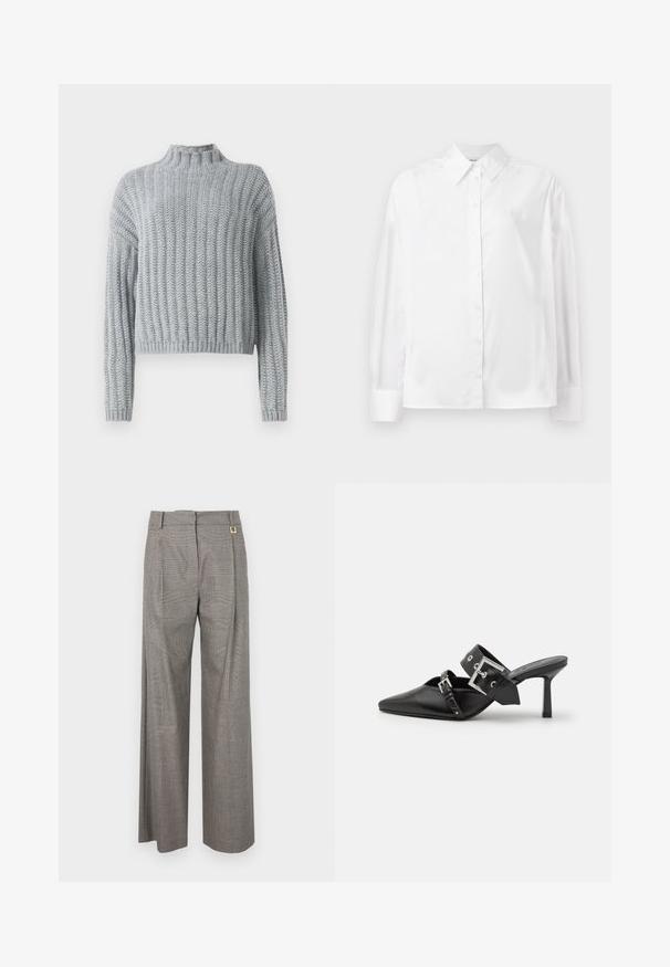 Gaiši pelēks masīvs adīts džemperis ar ribotu rakstu, ar augstu apkakli, garām piedurknēm un nedaudz saīsinātu piegriezumu.; Balta, garām piedurknēm, ar pogām aizpogājama krekla no gludas kokvilnas šķiedras. Tam ir klasiskā apkakle, priekšējā aizpogājamā daļa un noapaļotas aproces.; Pelēko kvadrātu raksta platleņķa bikses ar augstu jostu, priekšējiem krokiem un zelta toni akcentu uz jostas. Strukturēta auduma.; Melnas augstpapēžu mūles ar norādītu purngalu, izgatavotas no gludas ādas. Iekļauj plašu potītes siksnu ar kvadrātveida sudraba sprādzi un kniedēm.